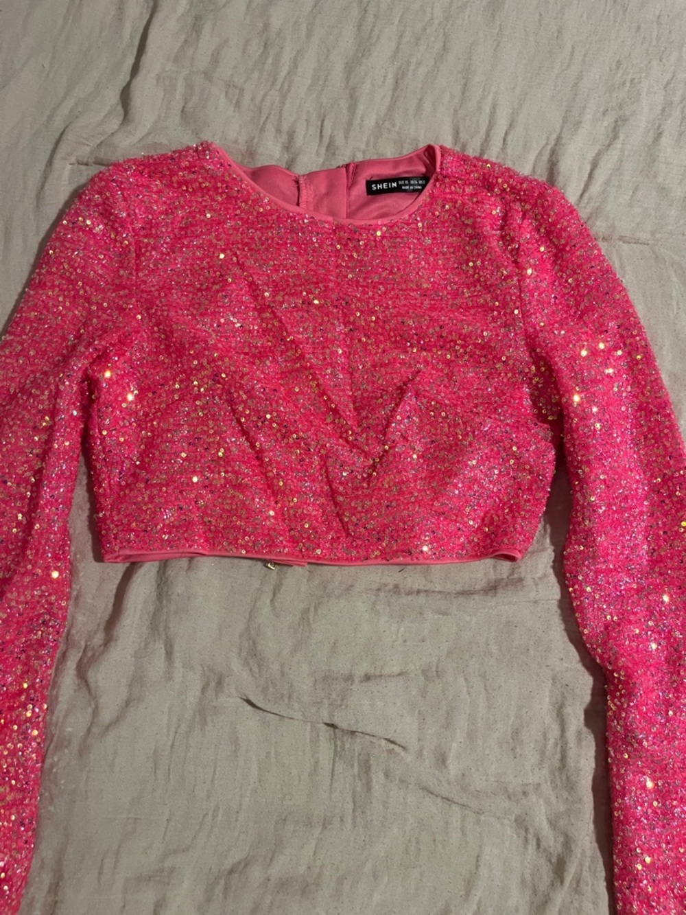 SHEIN Hot Pink Sequin Cropped Long Sleeve Top